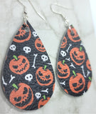 Jack o' Lanterns and Bones Printed on Black Real Leather Teardrop Earrings