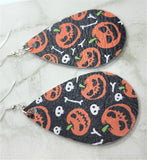 Jack o' Lanterns and Bones Printed on Black Real Leather Teardrop Earrings
