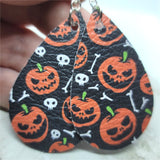 Jack o' Lanterns and Bones Printed on Black Real Leather Teardrop Earrings