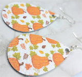 Autumnal Pumpkins Printed on White Real Leather Teardrop Earrings