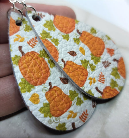 Autumnal Pumpkins Printed on White Real Leather Teardrop Earrings