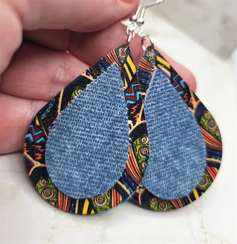 Faux Leather Funky Pattern Teardrop Earrings with Real Denim-Style Leather Overlay