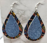 Faux Leather Funky Pattern Teardrop Earrings with Real Denim-Style Leather Overlay