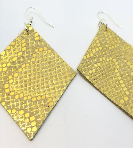 Gold Shiny Diamond Shaped Real Leather Earrings
