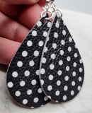 Black with White Polka Dots Tear Drop Shaped Real Leather Earrings