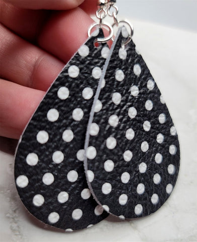 Black with White Polka Dots Tear Drop Shaped Real Leather Earrings