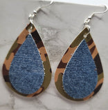 Faux Leather Camouflage Teardrop Earrings with Real Denim-Style Leather Overlay
