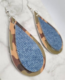 Faux Leather Camouflage Teardrop Earrings with Real Denim-Style Leather Overlay
