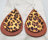 Layered Brown Teardrop Leather Earrings with Leopard Print Patterned Leather Overlay