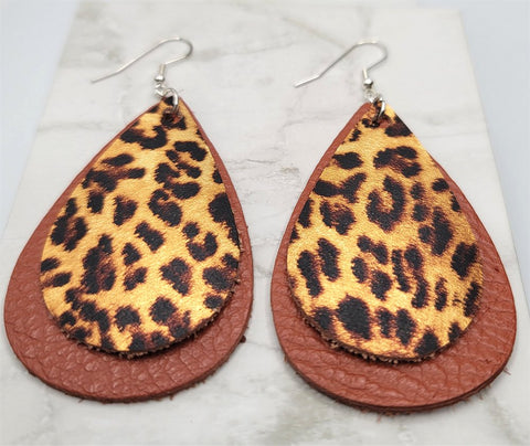 Layered Brown Teardrop Leather Earrings with Leopard Print Patterned Leather Overlay