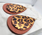 Layered Brown Teardrop Leather Earrings with Leopard Print Patterned Leather Overlay