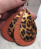 Layered Brown Teardrop Leather Earrings with Leopard Print Patterned Leather Overlay