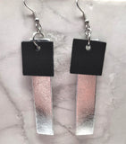 Silver Metallic Finished Long Rectangular Real Leather Earrings with Black Leather Squares
