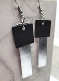 Silver Metallic Finished Long Rectangular Real Leather Earrings with Black Leather Squares