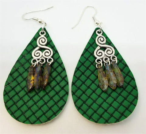 Basket Weave Embossed Green Teardrop Real Leather Earrings with Picasso Glass Bead Dangles