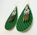 Basket Weave Embossed Green Teardrop Real Leather Earrings with Picasso Glass Bead Dangles