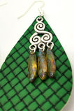 Basket Weave Embossed Green Teardrop Real Leather Earrings with Picasso Glass Bead Dangles