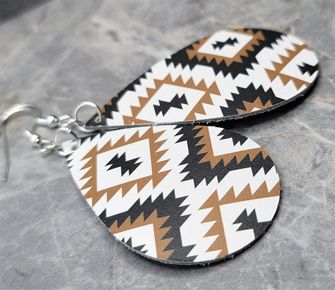 Green and Black Southwestern Pattern Teardrop Shaped Real Leather Earrings