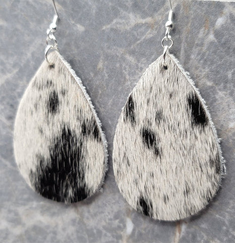 White and Black Hair on Hide Real Leather Tear Drop Earrings