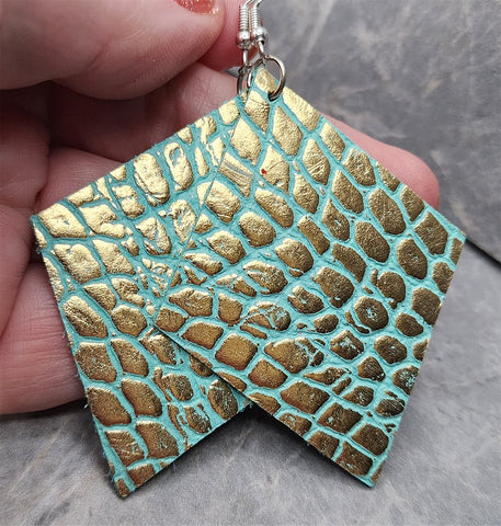 Diamond Shaped Gold and Turquoise REAL Leather Earrings