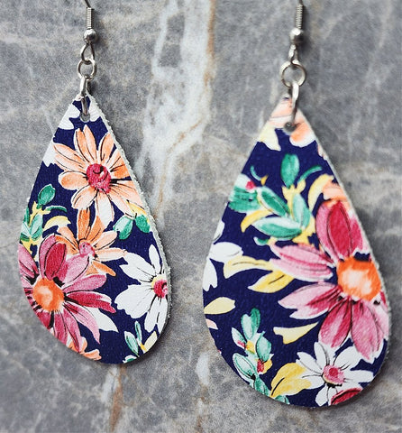 Colorful Flowered Tear Drop Shaped Dark Blue Real Leather Earrings