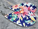 Colorful Flowered Tear Drop Shaped Dark Blue Real Leather Earrings