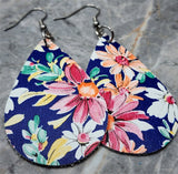 Colorful Flowered Tear Drop Shaped Dark Blue Real Leather Earrings