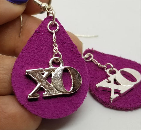 Fuchsia Teardrop Suede Leather Earrings with XO Charms