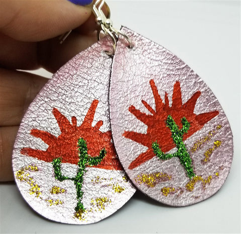 Hand Painted Southwestern Scene on Pink Metallic Real Leather Teardrop Earrings