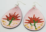 Hand Painted Southwestern Scene on Pink Metallic Real Leather Teardrop Earrings