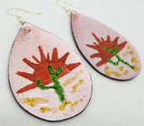Hand Painted Southwestern Scene on Pink Metallic Real Leather Teardrop Earrings