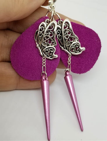 Fuchsia Teardrop Suede Leather Earrings with Butterfly Charms and Pink Spike Dangles