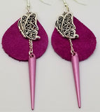 Fuchsia Teardrop Suede Leather Earrings with Butterfly Charms and Pink Spike Dangles