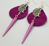 Fuchsia Teardrop Suede Leather Earrings with Butterfly Charms and Pink Spike Dangles