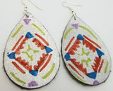 Hand Painted Southwestern Design on Silver Metallic Real Leather Teardrop Earrings