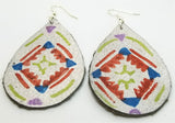 Hand Painted Southwestern Design on Silver Metallic Real Leather Teardrop Earrings