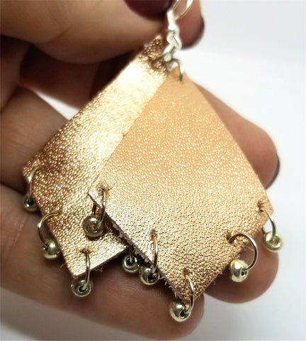 Rose Gold Real Leather Earrings with Metallic Gold Bead Fringe