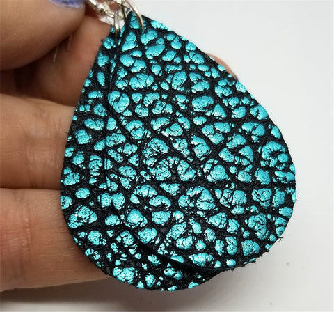 Teal and Black Textured Teardrop Shaped Leather Earrings