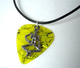Skeleton on a Yellow Guitar Pick and Black Cord Necklace