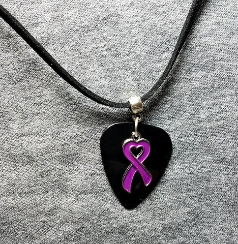 Purple Ribbon Heart Charm on Black Guitar Pick Necklace with Black Suede Cord