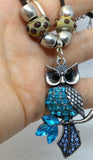 Owl with Aqua and Blue Encrusted Crystals Necklace with Pandora Style Beads