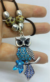 Owl with Aqua and Blue Encrusted Crystals Necklace with Pandora Style Beads