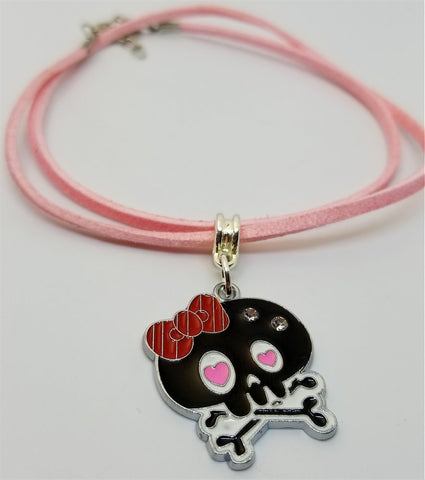 Black and Pink Skull with Red Bow Charm Necklace on a Pink Suede Cord