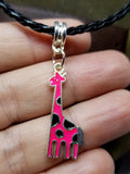 Hot Pink Giraffe Charm Necklace on a Black Braided Cord