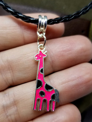 Hot Pink Giraffe Charm Necklace on a Black Braided Cord