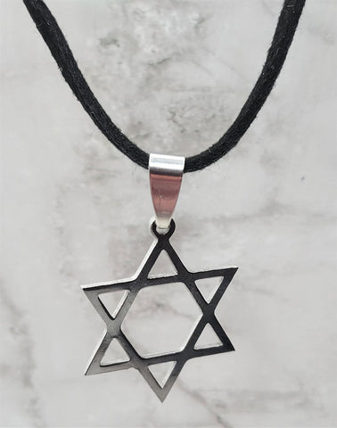 Stainless Steel Star of David Pendant Necklace on a Black Suede Cord