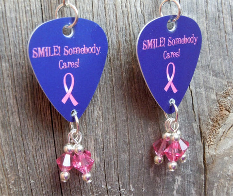 Smile Somebody Cares Pink Ribbon Guitar Picks with Pink Swarovski Crystal Dangles