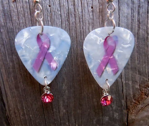 Pink Ribbon Guitar Pick Earrings with Pink Crystal Charms