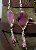 Pink Ribbon Transparent Guitar Pick Earrings with Pink Swarovski Crystal Dangles