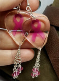 Pink Ribbon Transparent Guitar Pick Earrings with Pink Swarovski Crystal Dangles
